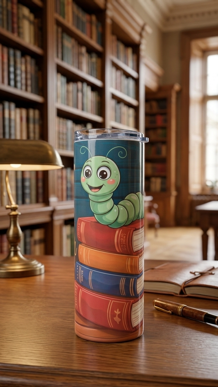 Tall tumbler with a green cartoon bookworm on a stack of colourful books, set on a wooden desk in a blurred library.