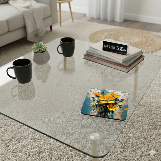Square coaster with vibrant yellow flowers and textured blue background on a glass table in a neutral-coloured room.