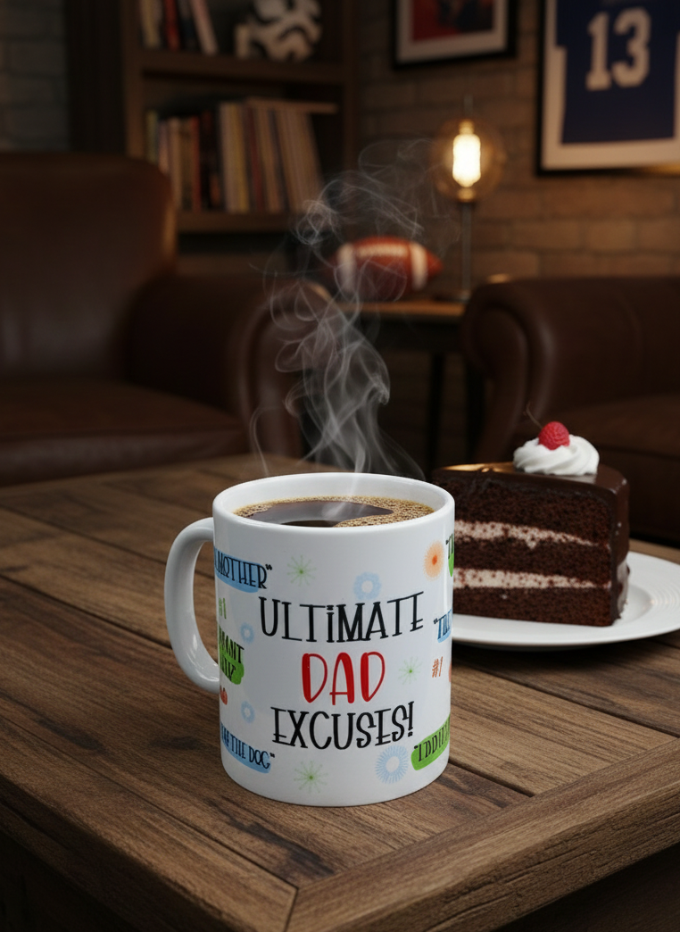 A white ceramic mug featuring the text "ULTIMATE DAD EXCUSES!" in a mix of black and red playful fonts, surrounded by colourful comic-style speech bubbles and patterns. The mug sits on a rustic wooden coffee table, steaming with hot coffee, next to a slice of tiered chocolate cake topped with whipped cream and a raspberry. The background is a cosy, dimly lit room with leather armchairs and a bookshelf.