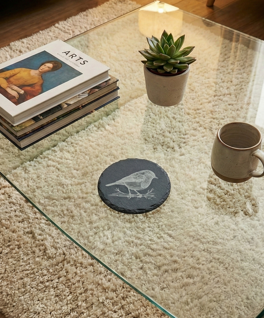 Glass table on a thick cream shag rug. It holds books, a succulent in a stone pot, and a dark slate coaster with a white bird etching.