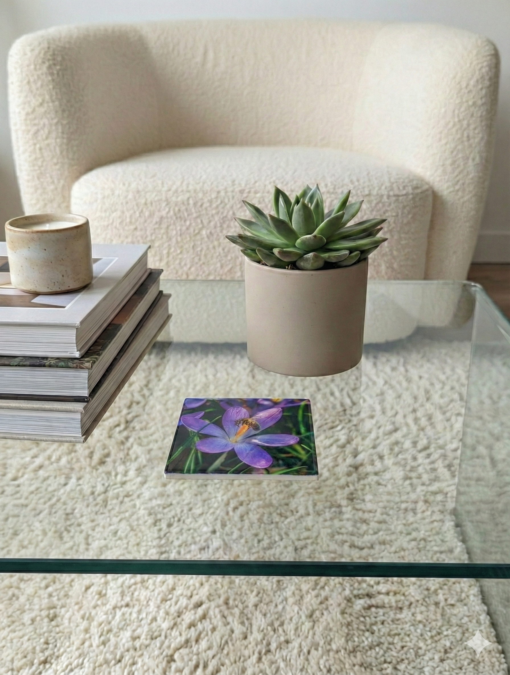 Close-up of a purple crocus and bee coaster on a glass table with a succulent and a soft bouclé armchair.