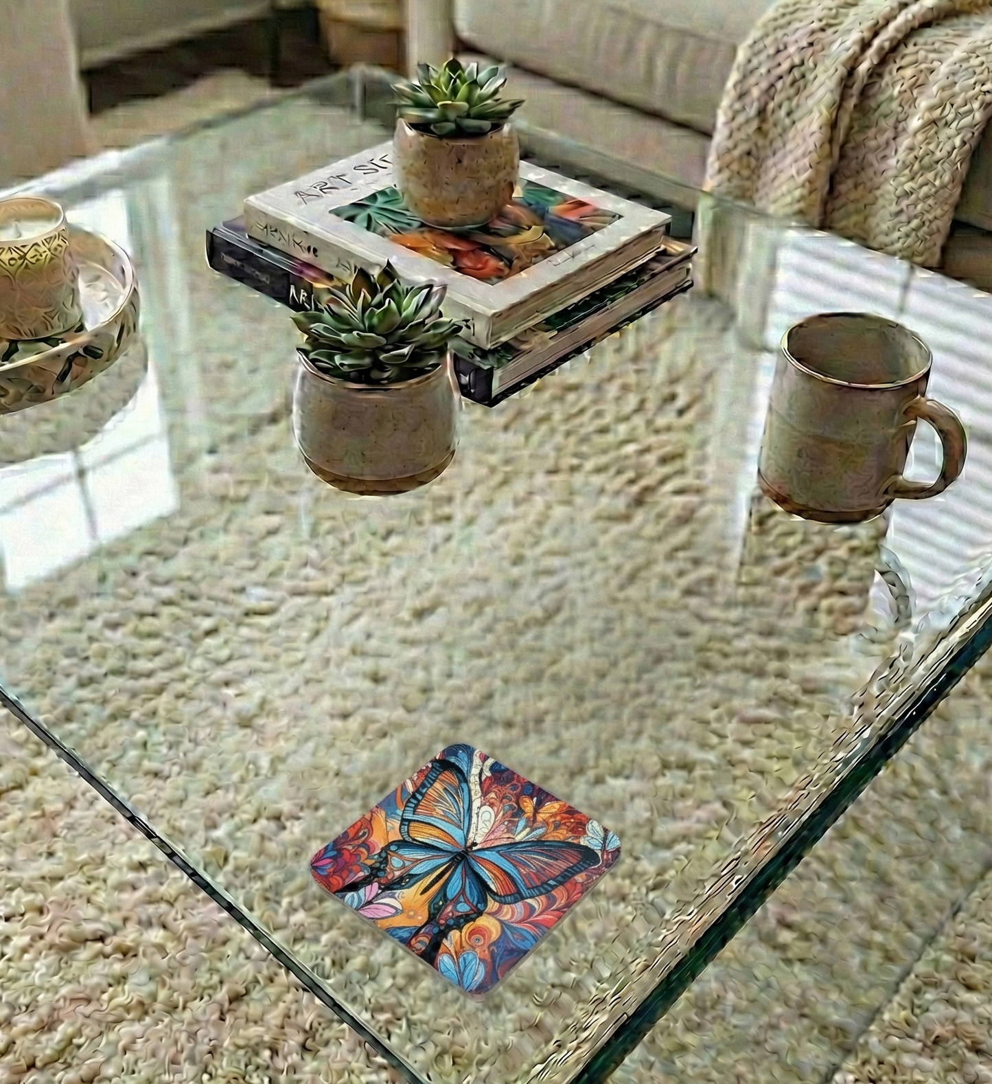 A square coaster featuring an abstract orange and blue butterfly pattern rests on a clear glass table surface.