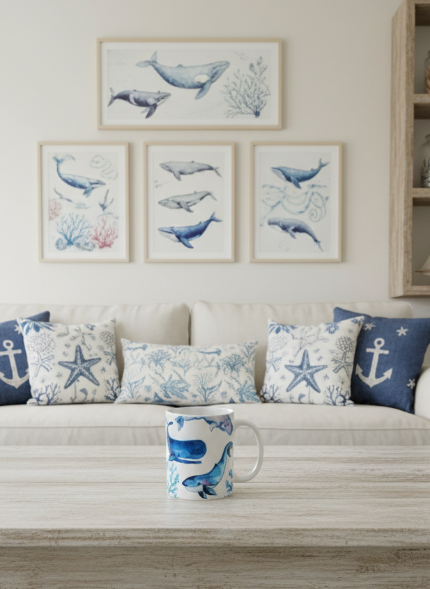 White whale mug rests on a pale, rough-textured grey wooden table. Sofa with blue nautical cushions and whale art gallery behind.