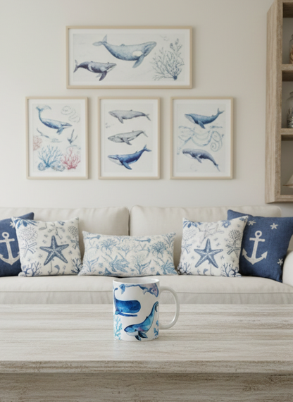 White whale mug rests on a pale, rough-textured grey wooden table. Sofa with blue nautical cushions and whale art gallery behind.