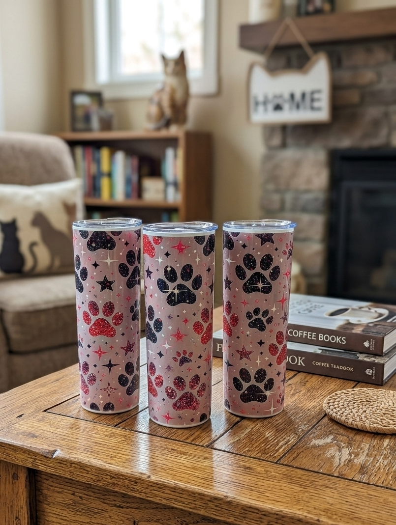 Three tall pink tumblers with glittery paw print and star patterns on a wooden table in a cosy living room.