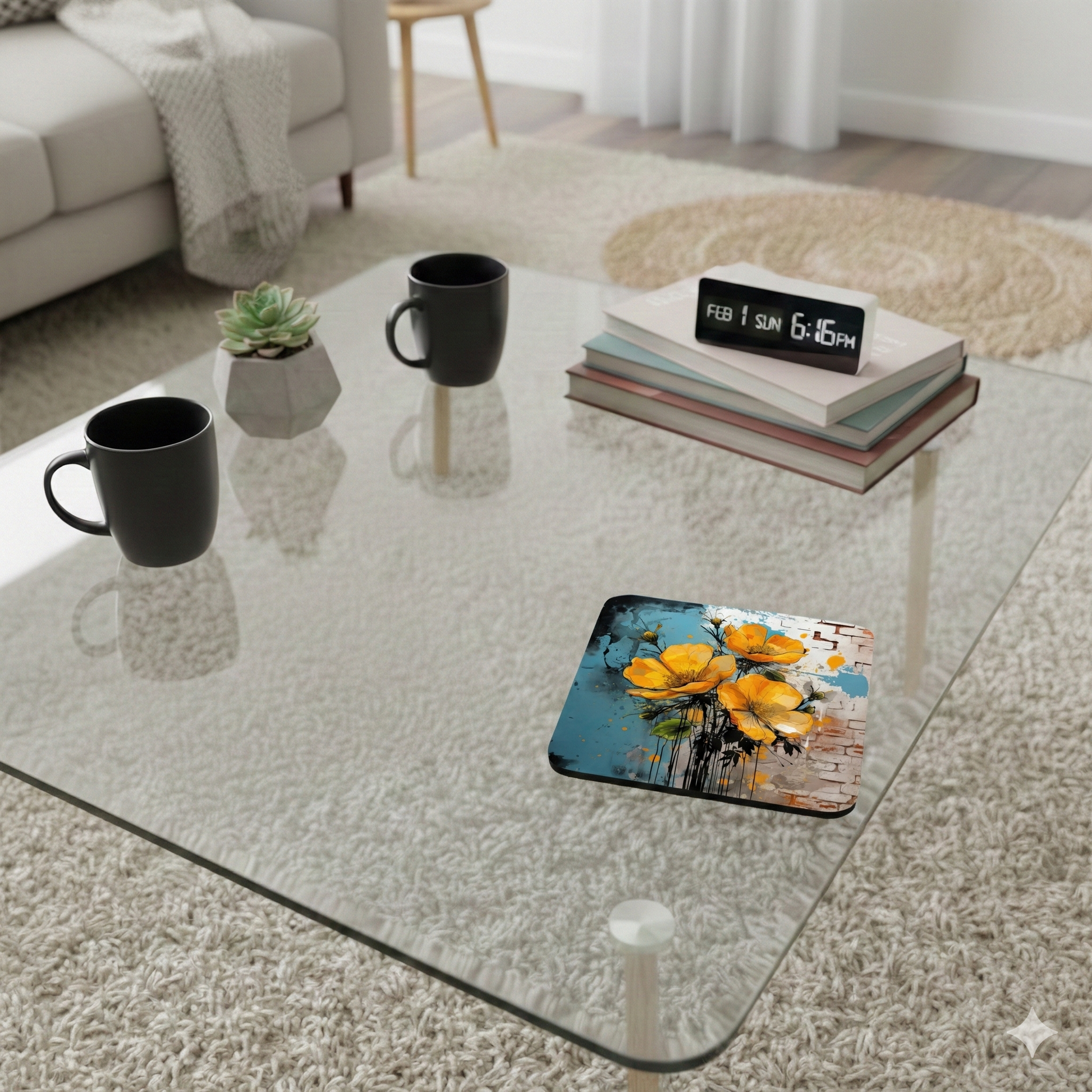 Square coaster with three large yellow flowers and a grey brick effect background, placed on a transparent glass table.