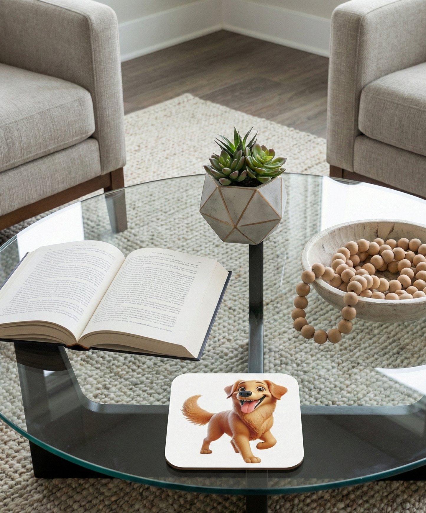 Happy Golden Retriever dog coaster on a glass coffee table with an open book and a wooden bead bowl.