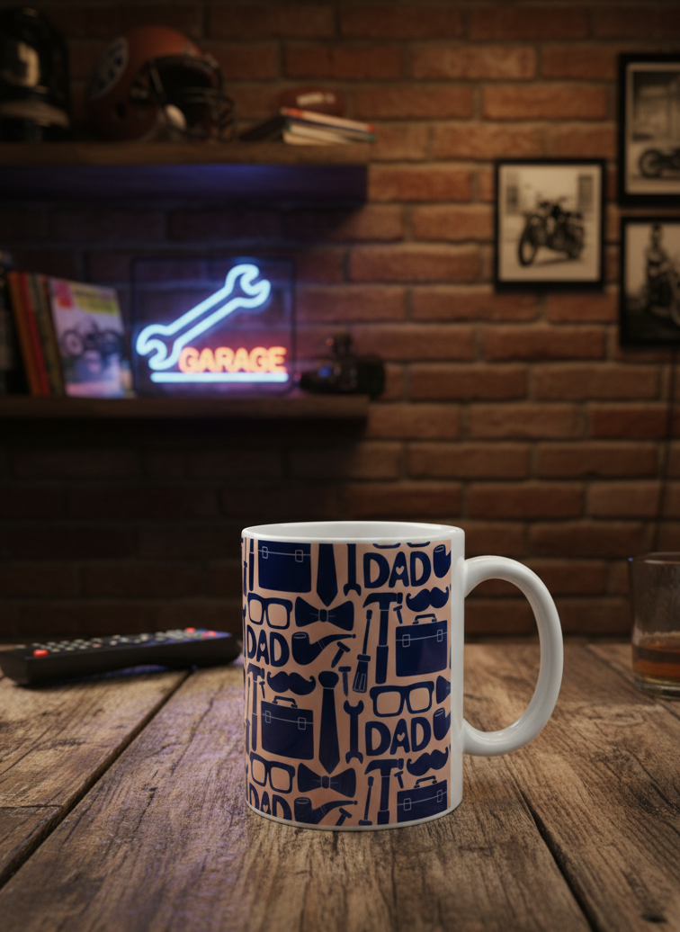 White mug featuring a navy blue and peach pattern of ties, tools, and 'DAD' text on wooden planks. Brick wall and neon sign.