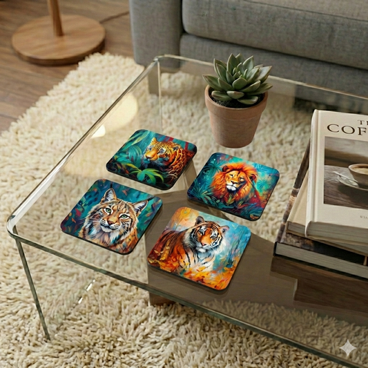 Four square coasters with vivid, expressive paintings of jungle cats (lion, tiger, leopard, lynx) on a clear glass coffee table.