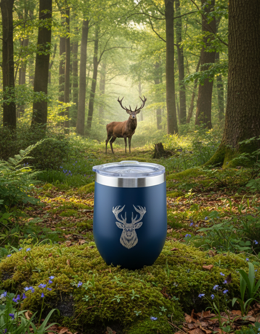 Matte dark blue insulated tumbler with etched silver deer head, resting on moss. Stainless steel rim; stag stands in the sunny green forest.
