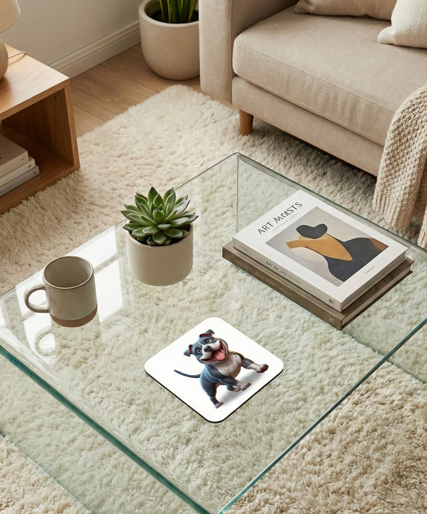 Smiling blue Staffy dog coaster on a glass table. A speckled mug and art books sit on a plush cream rug.