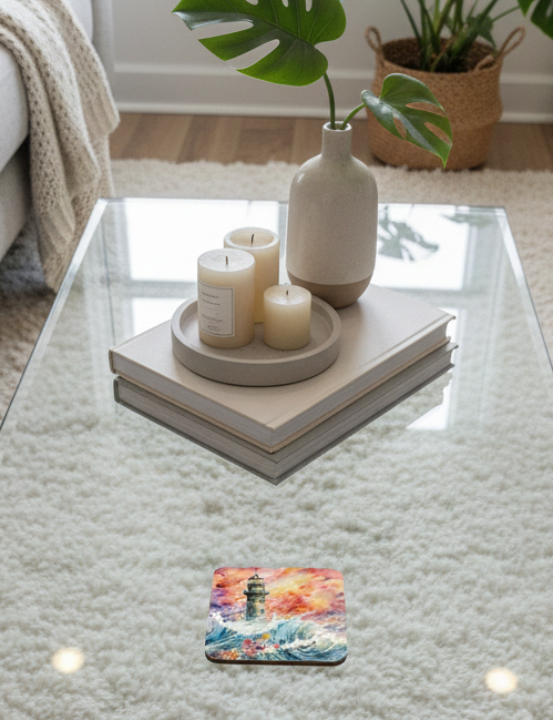 A square coaster with a lighthouse watercolour sits on a glass table below candles and a green leaf in a neutral vase.