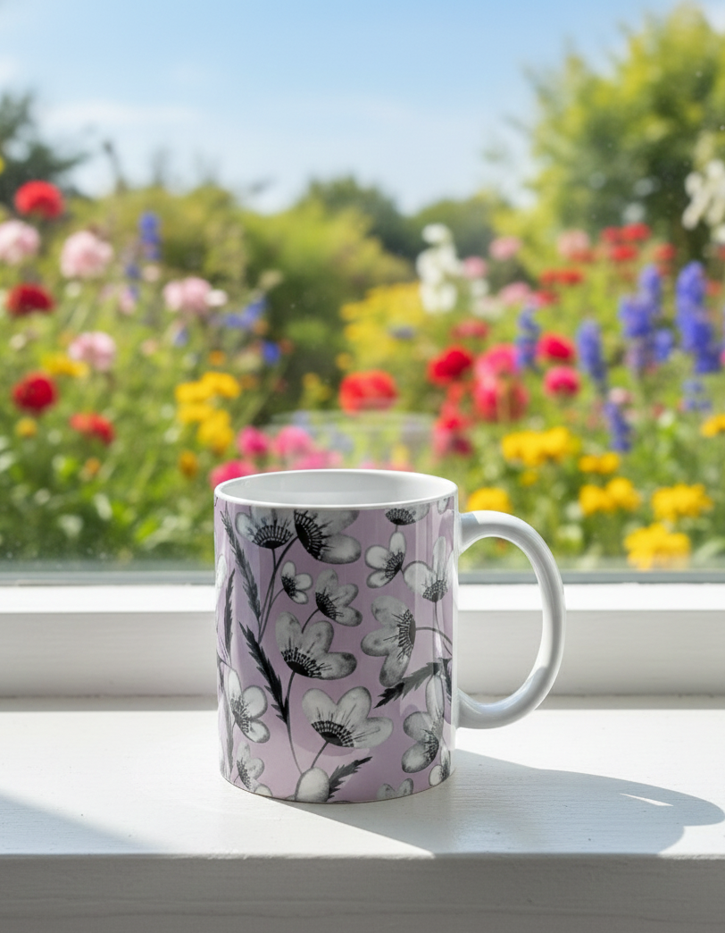 Lilac mug with white anemone design rests on a bright sill. Outside, a riot of red, yellow, and blue blooms under a clear sky.