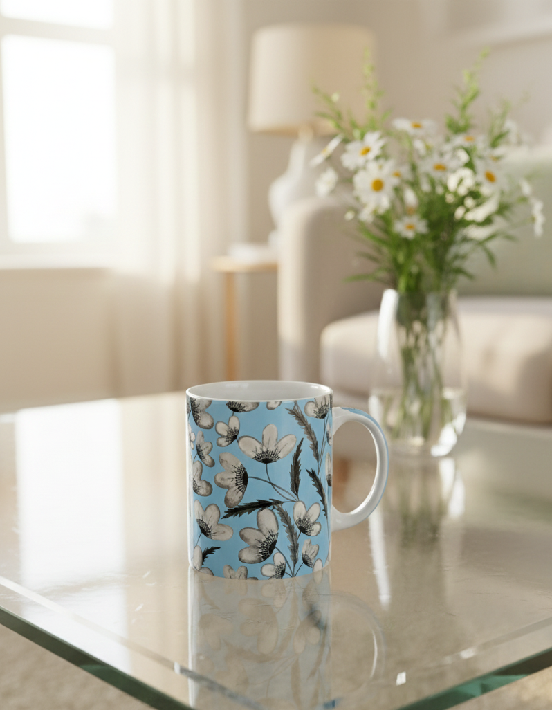 Light blue ceramic mug patterned with white flowers and dark leaves reflects on a clear glass table surface in warm light.