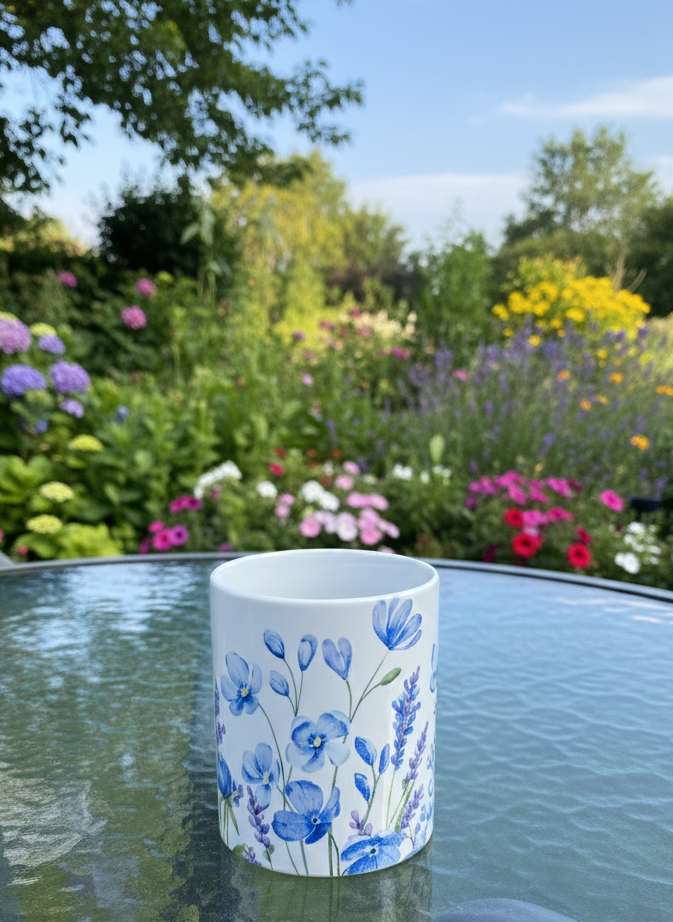 Handleless white ceramic cup with blue floral design sits on a wet-look glass table, backed by a colourful, bright garden.