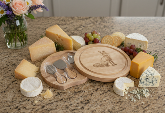 Light brown wooden cheese board set open on a granite counter, showing an engraved fox and three silver tools. Cheeses and grapes surround it.