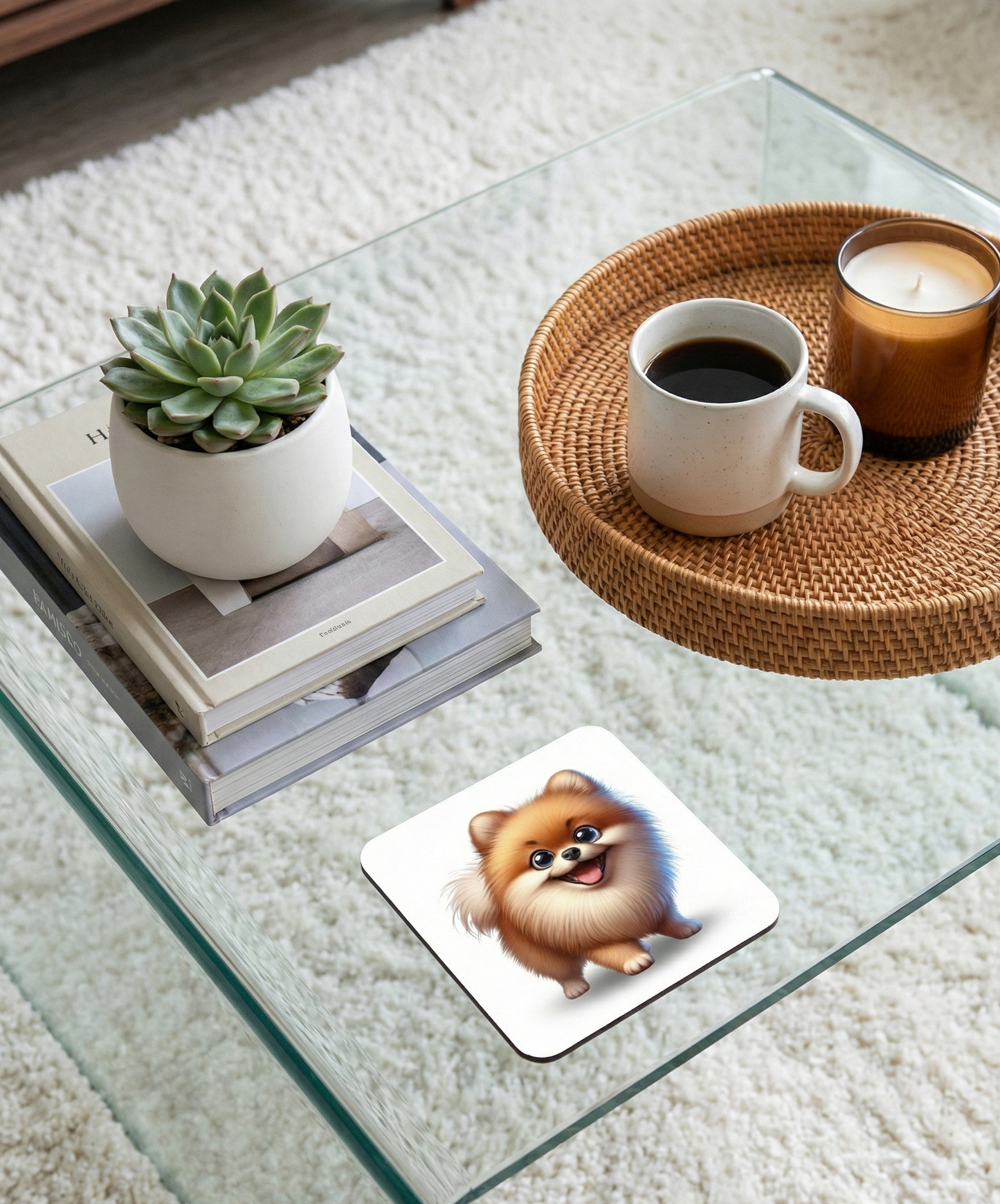 Fluffy orange Pomeranian dog coaster on a glass table next to a stack of books and coffee in a wicker tray.