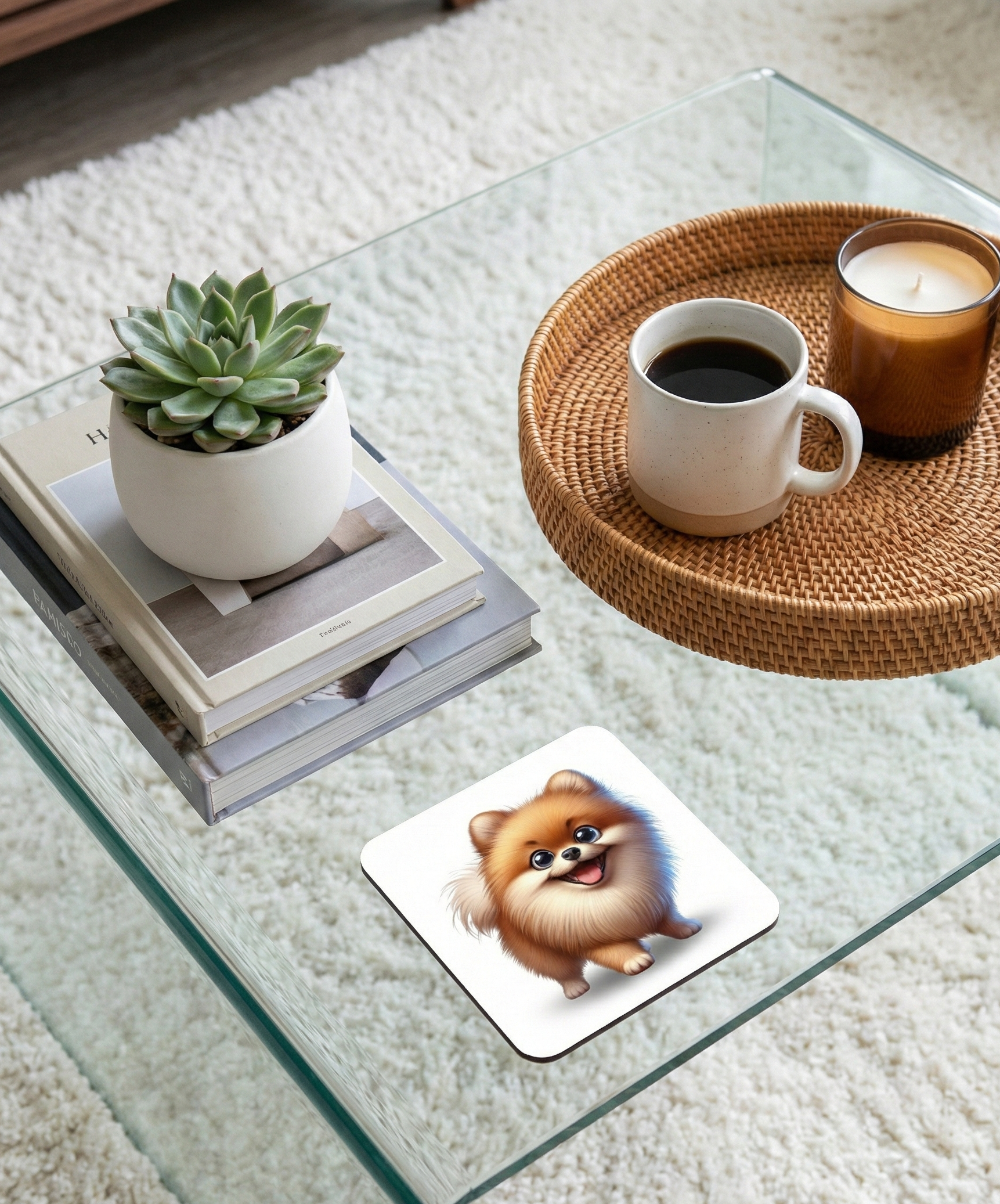 Fluffy orange Pomeranian dog coaster on a glass table next to a stack of books and coffee in a wicker tray.