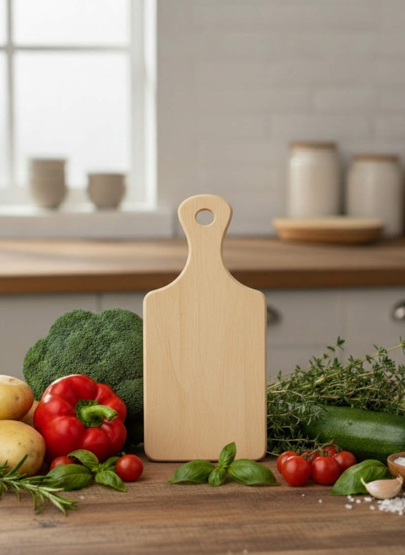 Light wooden cutting board standing upright, flanked by fresh broccoli, red pepper, potatoes, and green herbs on a dark bench.