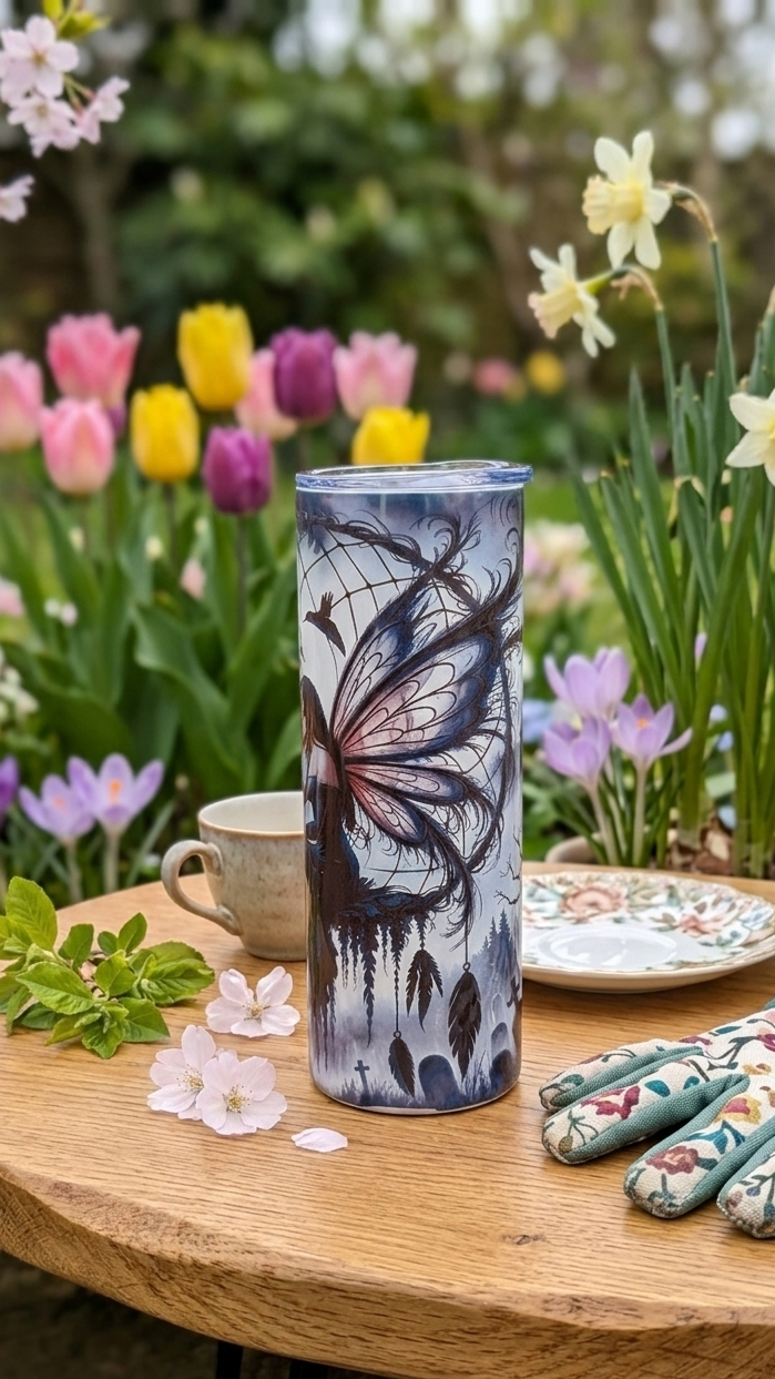 Gothic tumbler showing intricate purple fairy wings on a round wooden table with floral gloves and garden flowers.