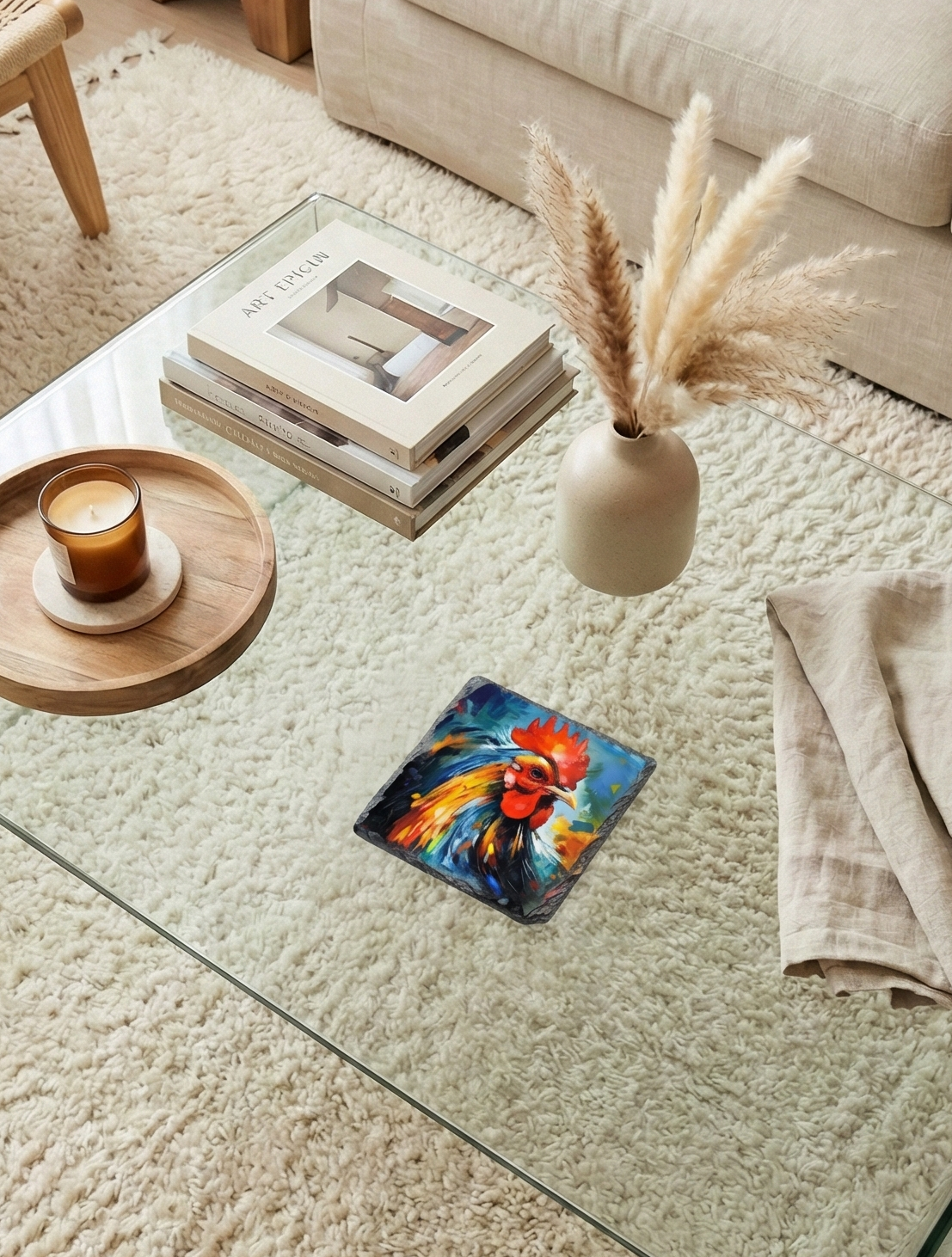 A square slate coaster displaying a dramatic, highly colourful painting of a rooster with a bright red comb.