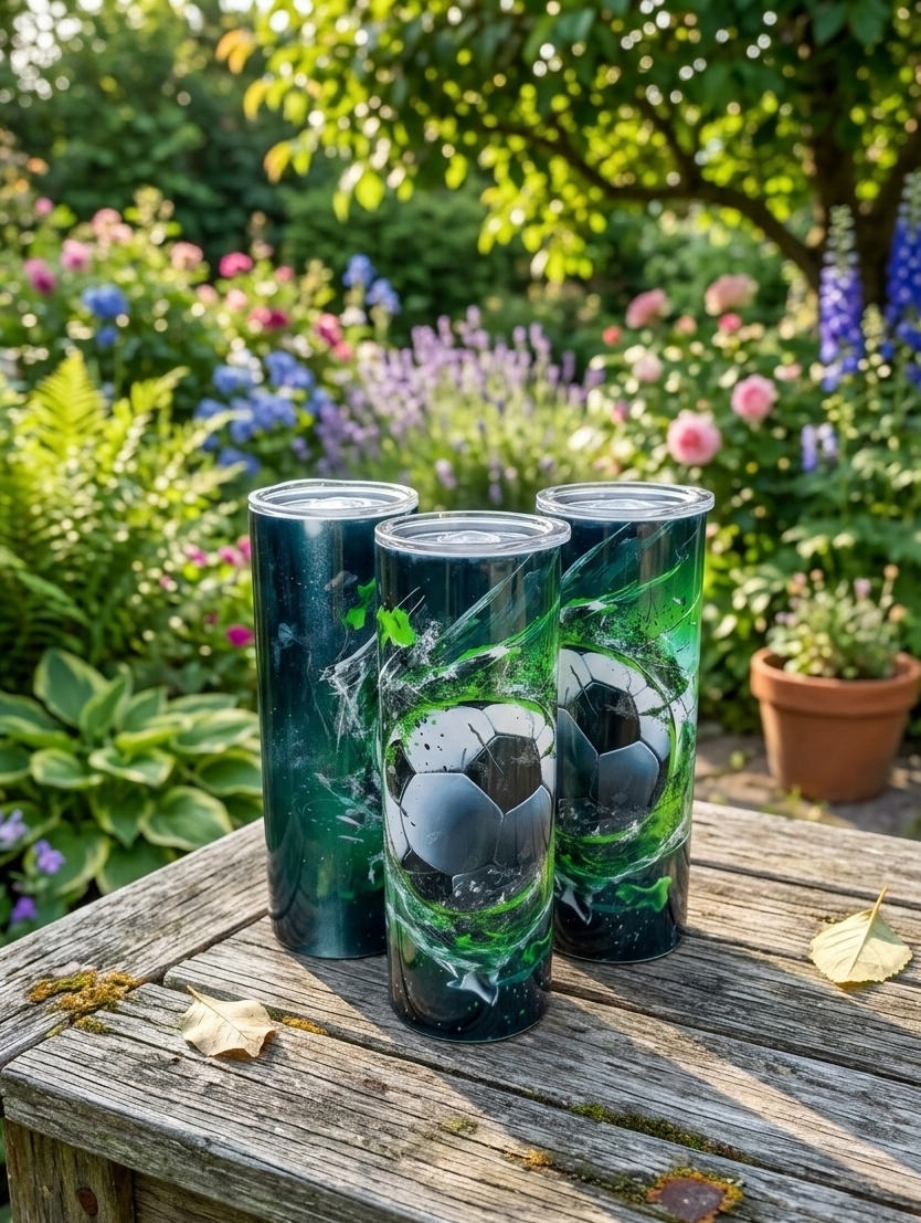 Three slim tumblers with green and black football designs on a rustic wooden table in a leafy, colourful garden.