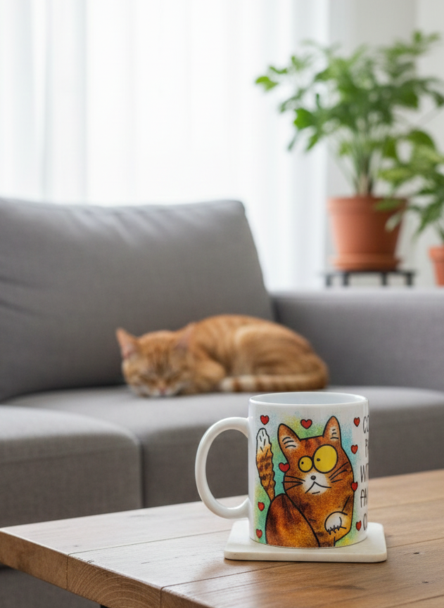 A white mug with a cartoon ginger cat illustration sits on a wooden table. A ginger cat sleeps on a Grey sofa.