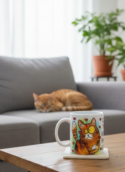 A white mug with a cartoon ginger cat illustration sits on a wooden table. A ginger cat sleeps on a Grey sofa.