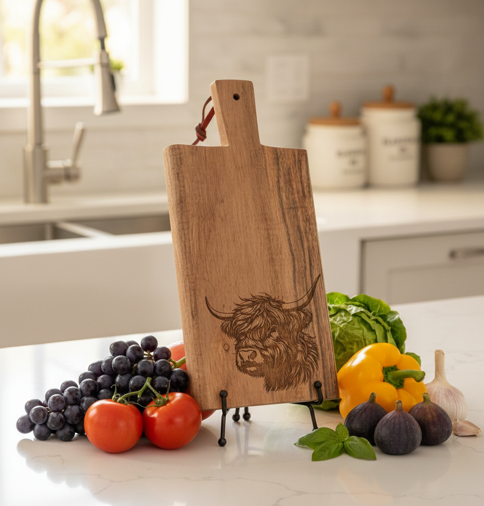 Light brown wooden serving board with a Highland cow head engraving, displayed amongst colourful fruit and vegetables in a bright kitchen.