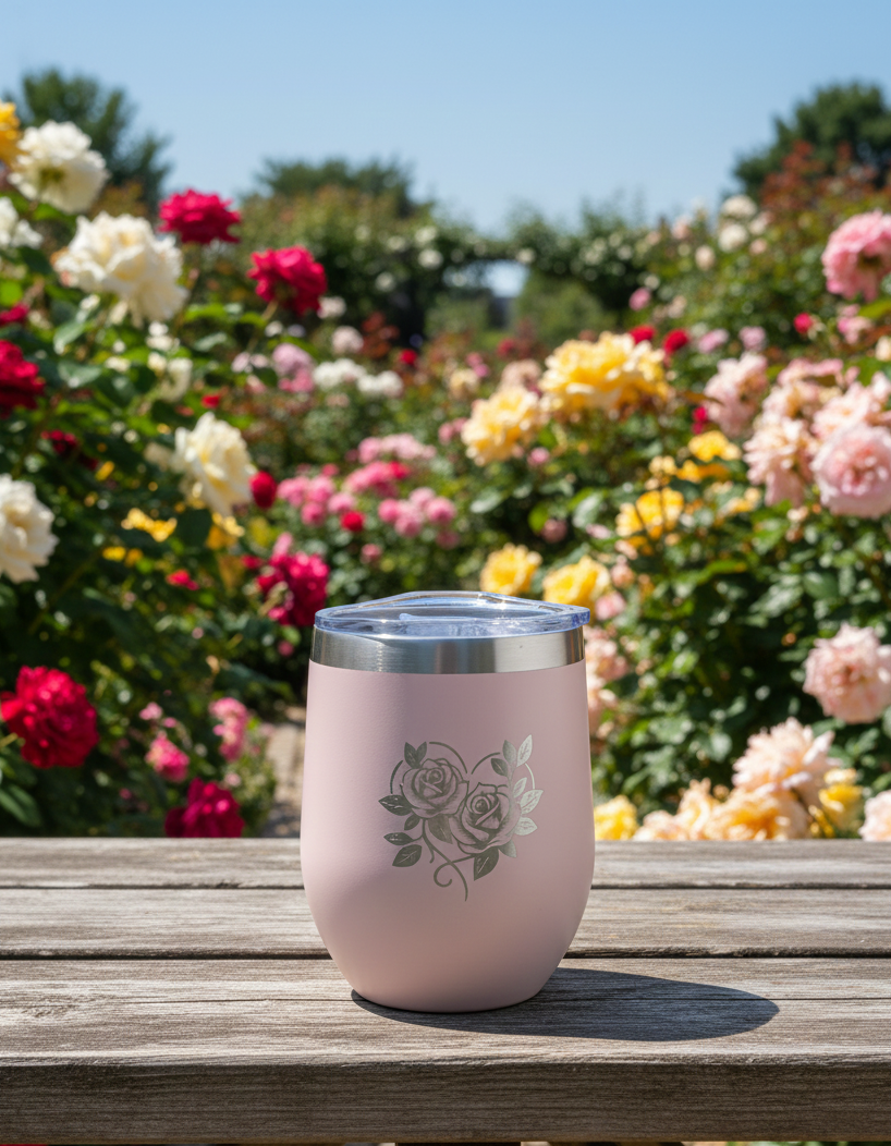 Matte pale pink tumbler with an engraved rose heart design, stainless steel rim, sitting on rustic wood outdoors among colourful roses.