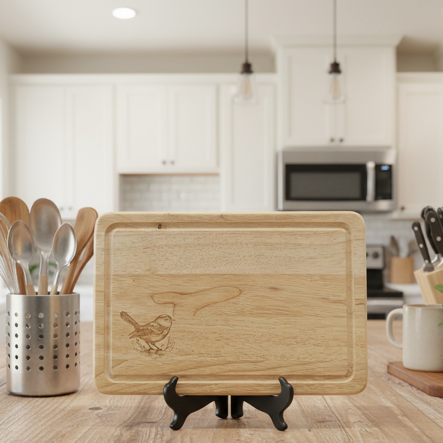 Rectangular light wood cutting board with grooved edges, standing upright on a black easel. Detailed etched bird design.