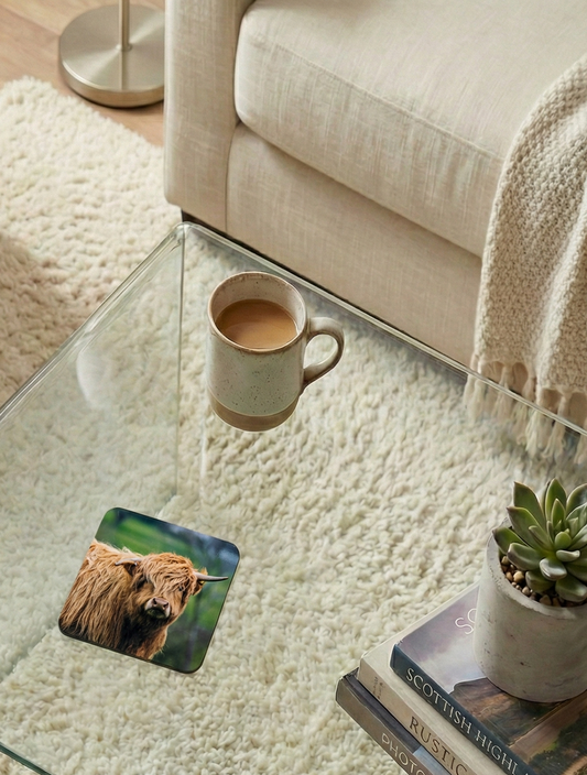 Ginger Highland cow coaster on a glass coffee table next to a cream mug and succulent. Beige textured sofa behind.