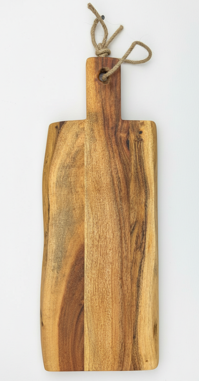 Long, rectangular wood serving board displaying rich brown and golden grain texture, with a handle and rough jute twine loop.