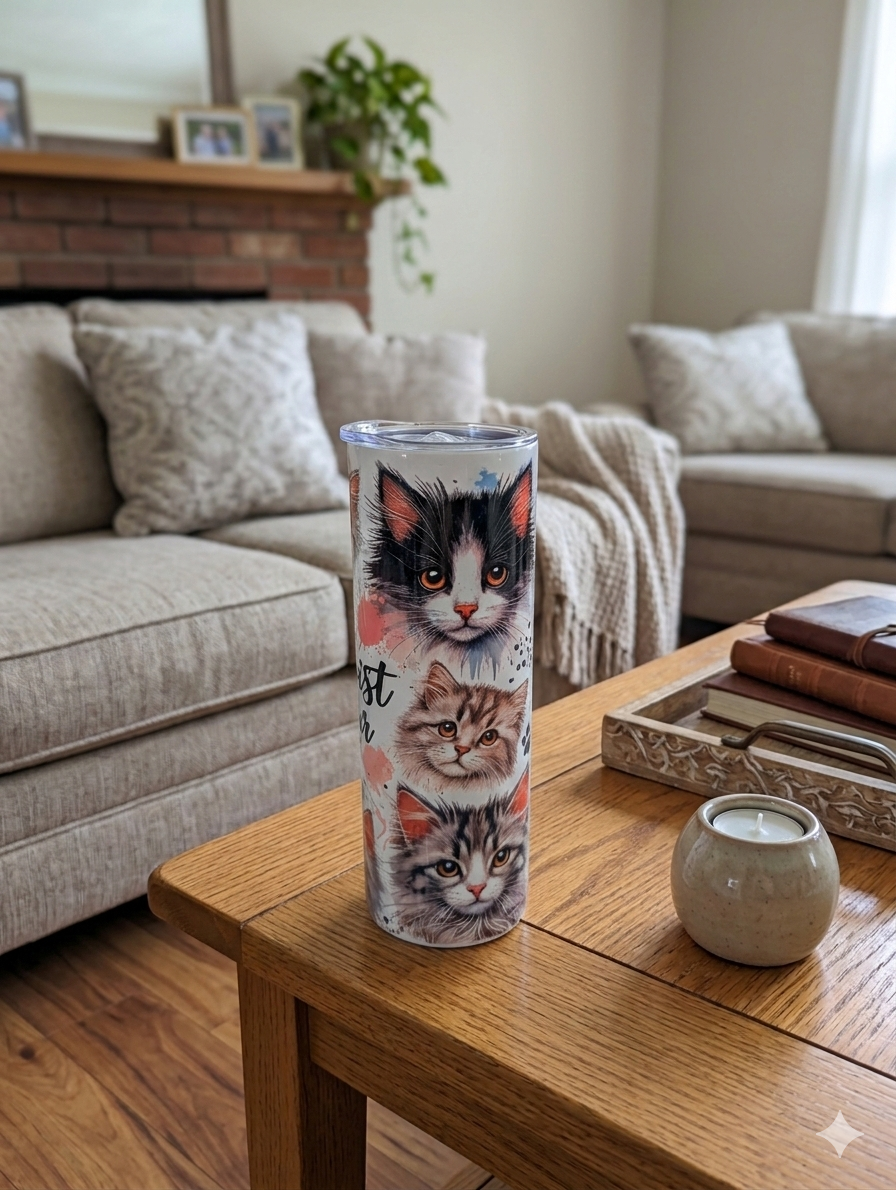 Cylindrical tumbler with black, white, and grey kittens and pink watercolour spots on a light wood coffee table.
