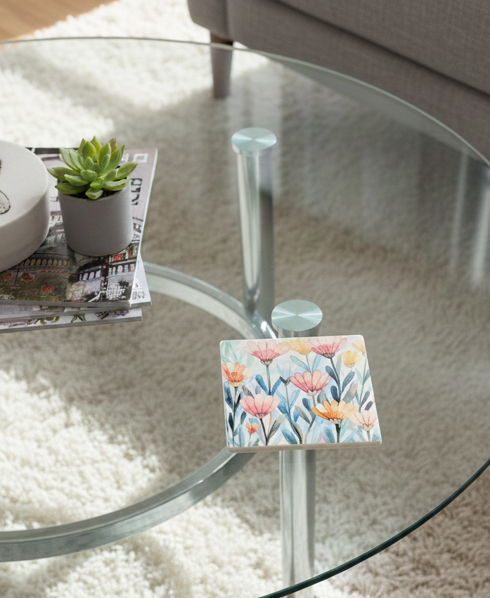 Square coaster with pink and orange flowers and blue foliage in watercolour style on a glass table in a neutral room.
