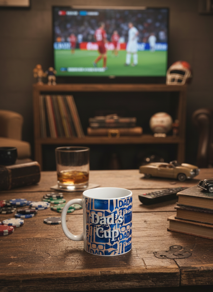 Close-up of a white mug with blue text pattern on a rough, dark wooden surface. Poker chips scatter; TV screen glows.