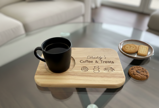Light wooden serving board, engraved 'Daddy's Coffee & Treats', holds a matte black coffee mug and biscuits.