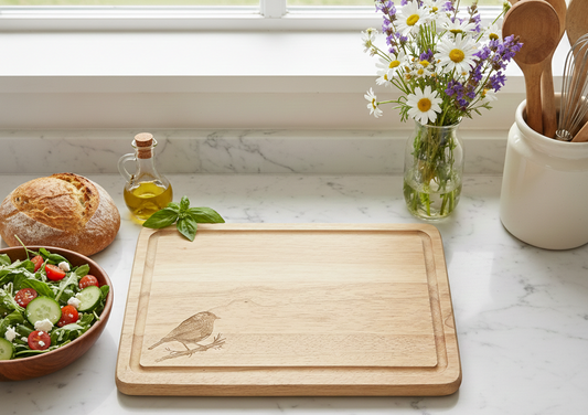 Rectangular light wood chopping board, featuring an engraved bird and a perimeter groove, displayed amongst fresh food on white marble.