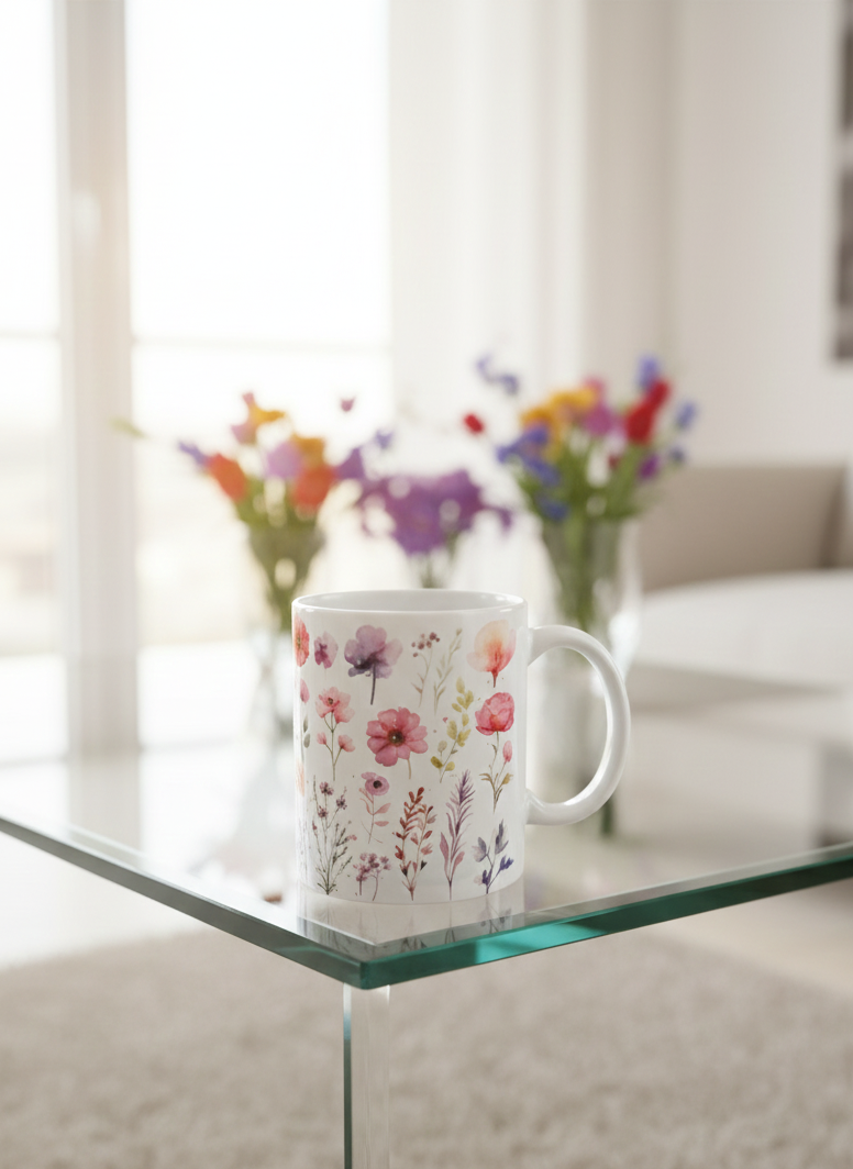 White ceramic handled mug featuring multicoloured wildflower watercolour patterns, resting on a clean glass coffee table. Bright room.