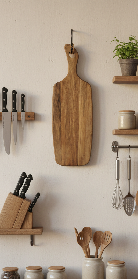 Warm wooden cutting board with a heart-hole handle hangs on a pale wall, surrounded by steel knives and wooden utensils.