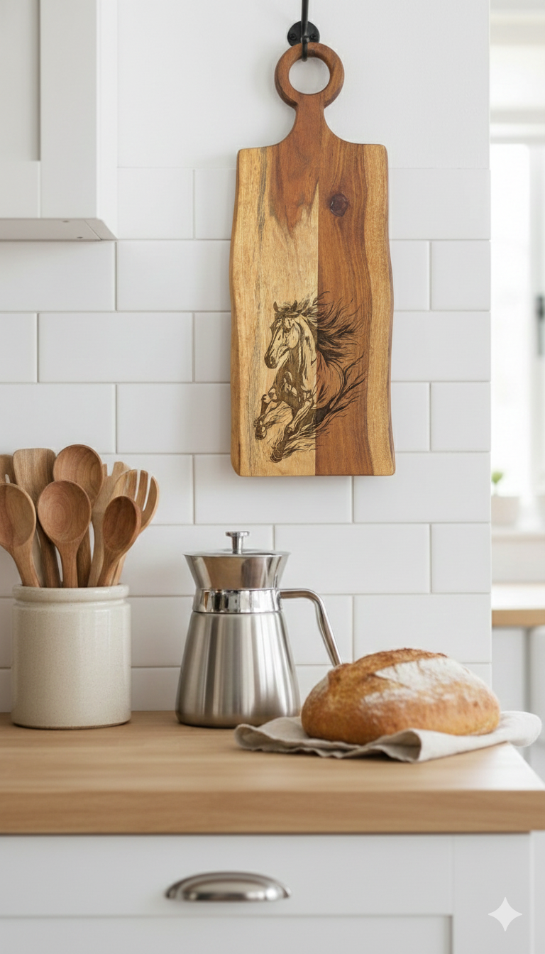 Two-toned wooden serving board with live edge detail hangs on a tiled kitchen wall. Engraved with a running horse outline.