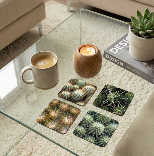 Four Colour cactus-patterned square coasters on a glass table beside a cream mug and glowing wooden tealight holder.