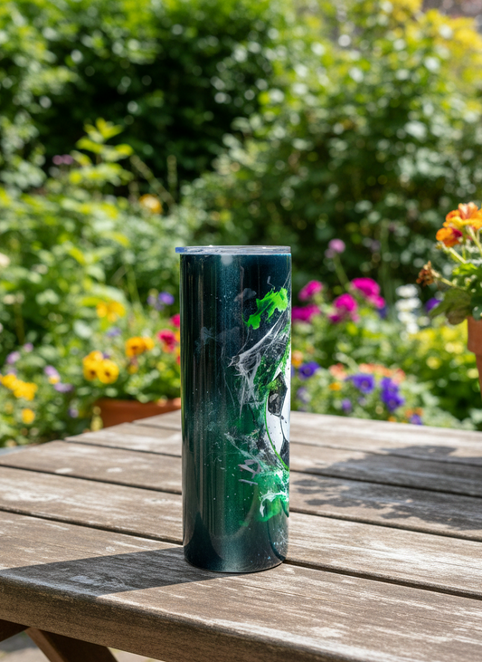 A tall dark green tumbler with a white splash and part of a football on a weathered wooden table in a sunlit garden.