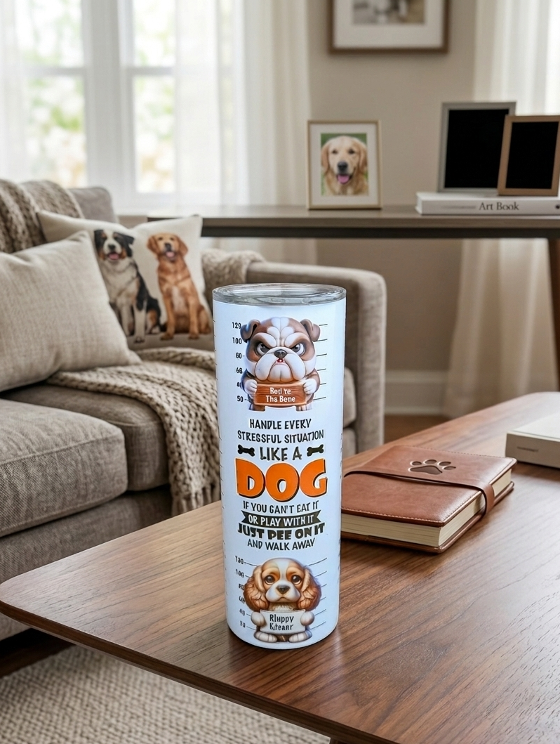 A white tumbler with dog mugshot illustrations sits on a wooden table in a cosy living room with dog-themed decor.