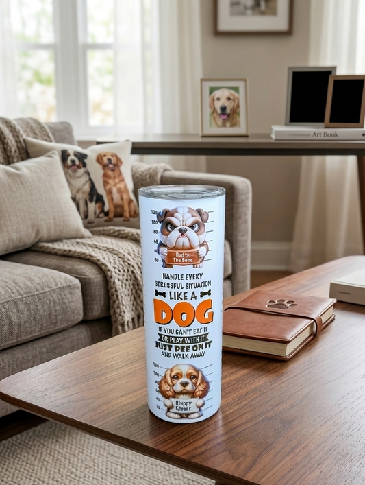 A white tumbler with dog mugshot illustrations sits on a wooden table in a cosy living room with dog-themed decor.