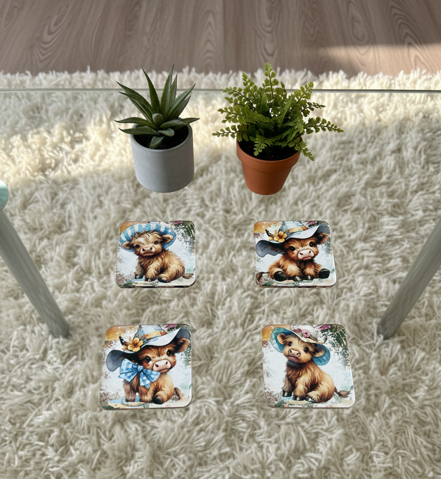 Four square coasters with colourful baby cow designs on a glass table over a fluffy white rug and green plants.