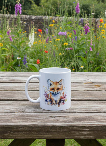 White ceramic mug with watercolour fox illustration sits on a textured brown wooden table, backed by colourful wildflowers.