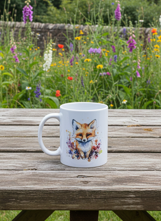 White ceramic mug with watercolour fox illustration sits on a textured brown wooden table, backed by colourful wildflowers.