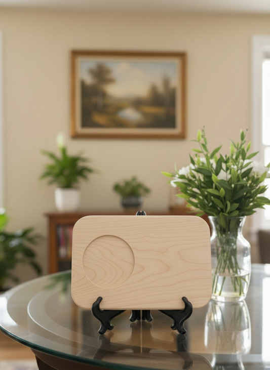 Smooth, pale wood plaque with visible grain and a circular recess, displayed on a black easel atop a reflective, round glass table.