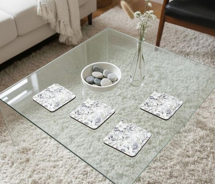 Four square coasters with grey floral patterns on a glass table, with a textured cream rug shown underneath.